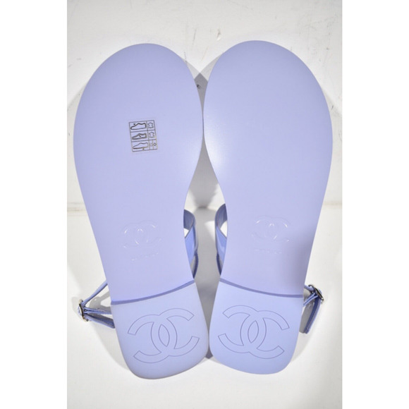 Chanel 22C Purple Patent Silver Chain CC Logo Mule Slide Flat Thong Sandal 37 - Picture 12 of 12